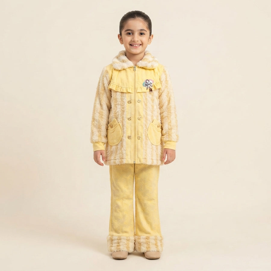 Warm Yellow Faux-Fur Striped Jumper and Trouser Winter Set for Girls