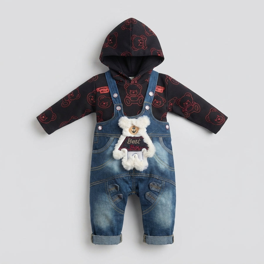 Baby Boy Denim Dungaree Overall and Red-Printed Teddy Bear Hoodie Set (3–9 Months)