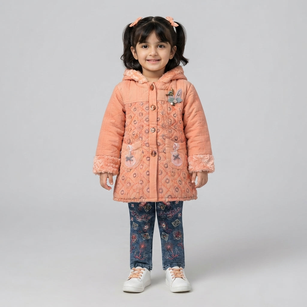 Peach Quilted Winter Coat & Embroidered Jeans Set for Toddler Girls
