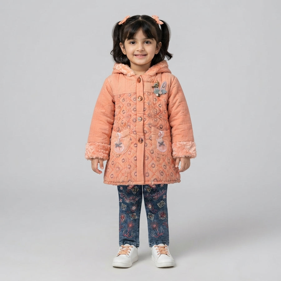 Peach Quilted Winter Coat & Embroidered Jeans Set for Toddler Girls