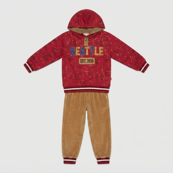 Boys Red Hooded Sweatshirt & Khaki Velvet Tracksuit
