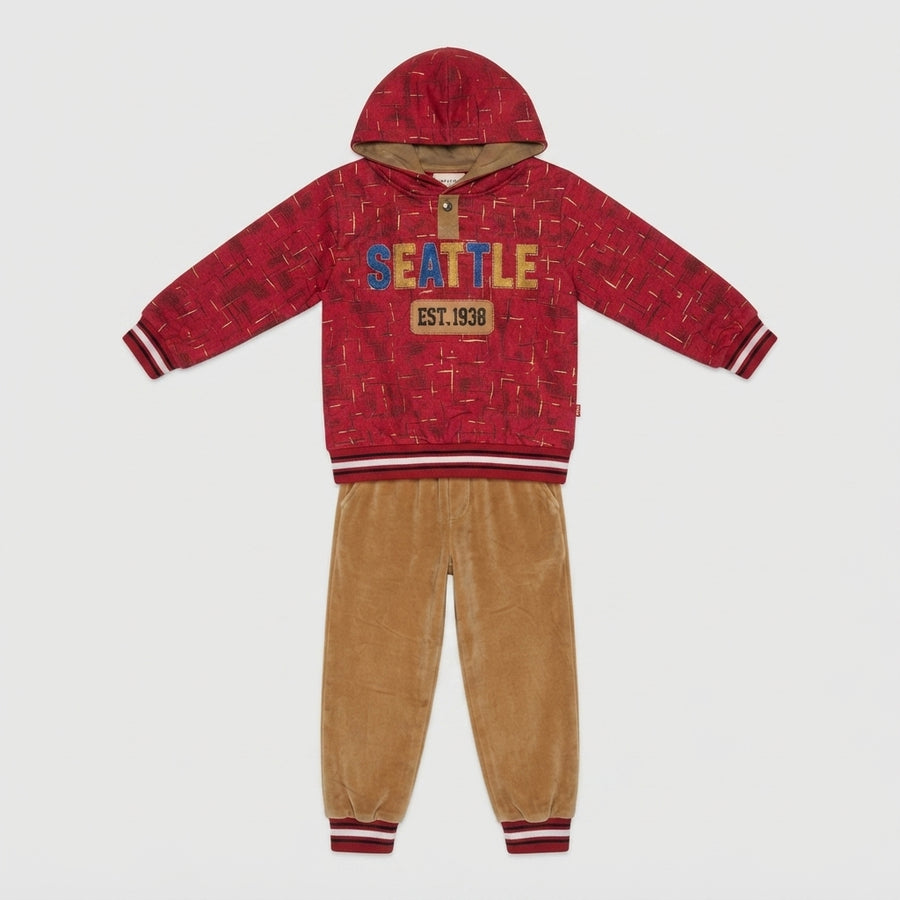 Boys Red Hooded Sweatshirt & Khaki Velvet Tracksuit