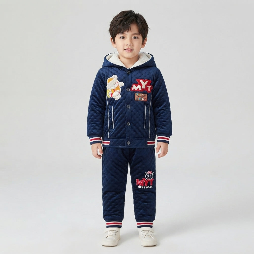 Boys Premium Navy Blue Velvet 2 Piece Suit – Stylish Winter Outfit
