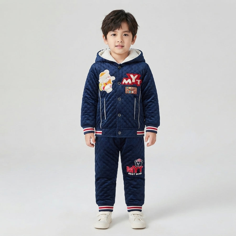 Boys Premium Navy Blue Velvet 2 Piece Suit – Stylish Winter Outfit