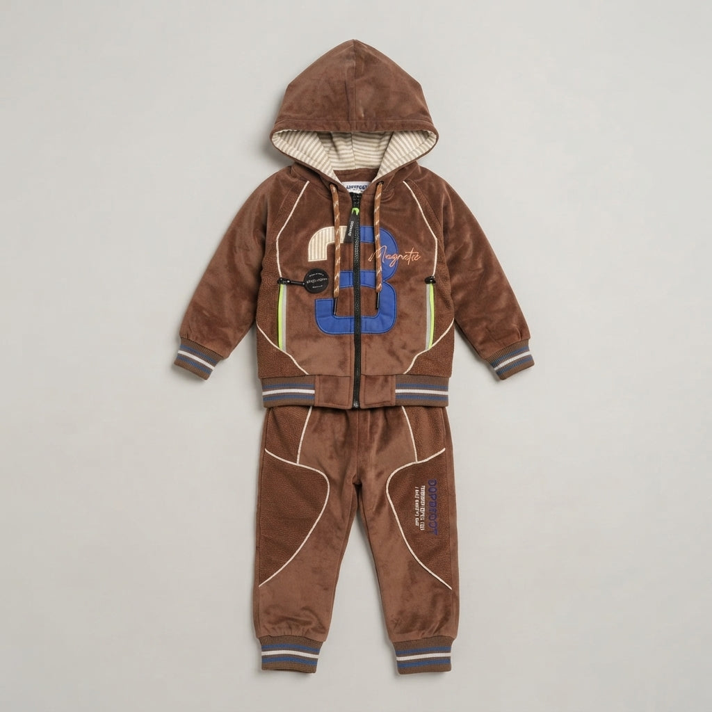 Brown Velvet Hooded Tracksuit with Number Graphic
