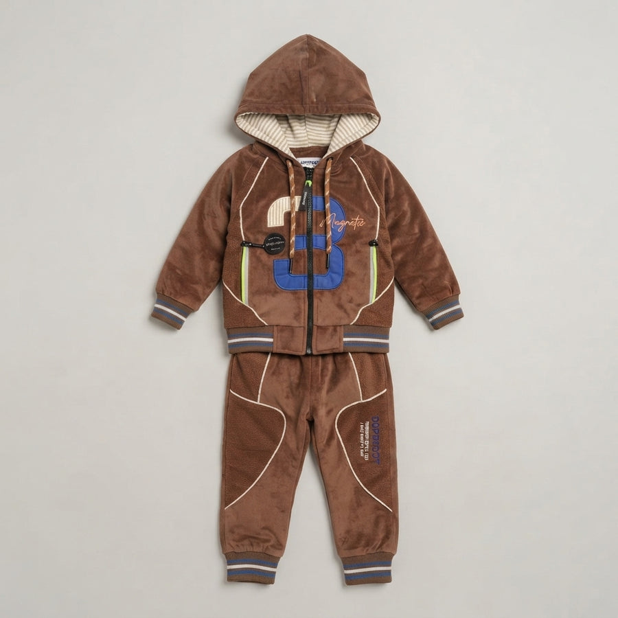 Brown Velvet Hooded Tracksuit with Number Graphic