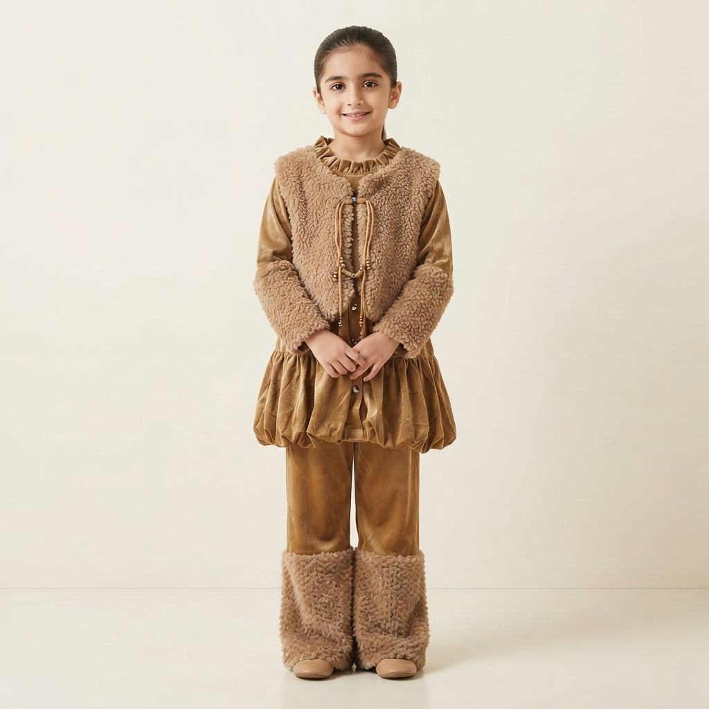Premium Velvet Faux-Fur Trim Kids Outfit Set – Luxury Winter Wear for Girls
