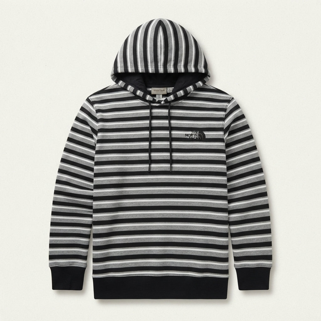 Boys Striped Fleece Hoodie with Pocket & Drawstrings | Black, Grey & White