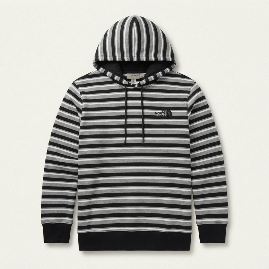 Boys Striped Fleece Hoodie with Pocket & Drawstrings | Black, Grey & White