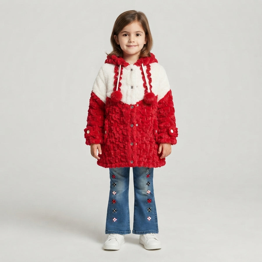 Girls Red & White Faux-Fur Hooded Coat and Embroidered Flare Jeans Set