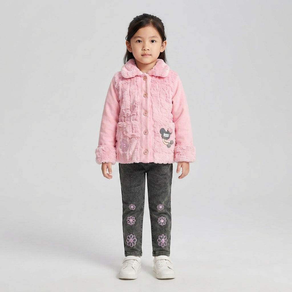 Girls Pink Faux Fur & Floral Denim Set
