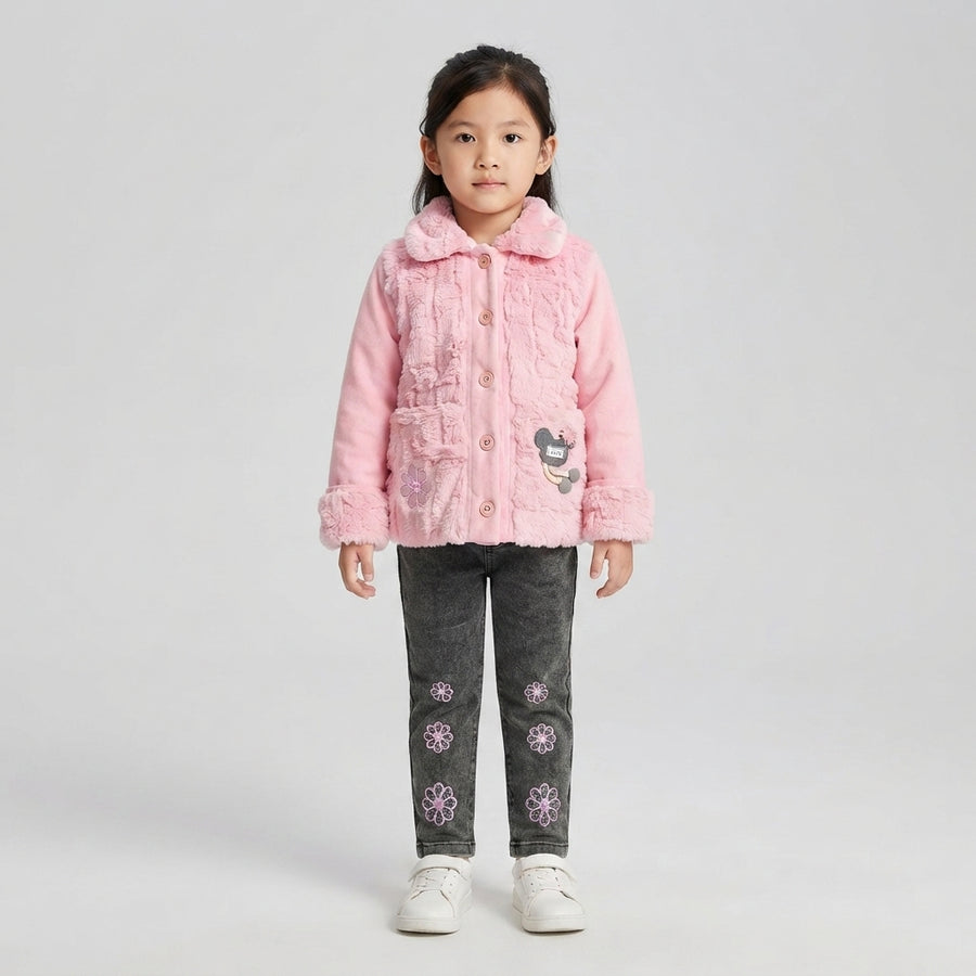 Girls Pink Faux Fur & Floral Denim Set