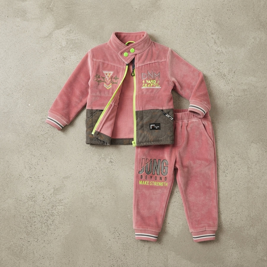 Boys Premium Pink and Grey Velvet 2 Piece Suit Stylish Winter Outfit