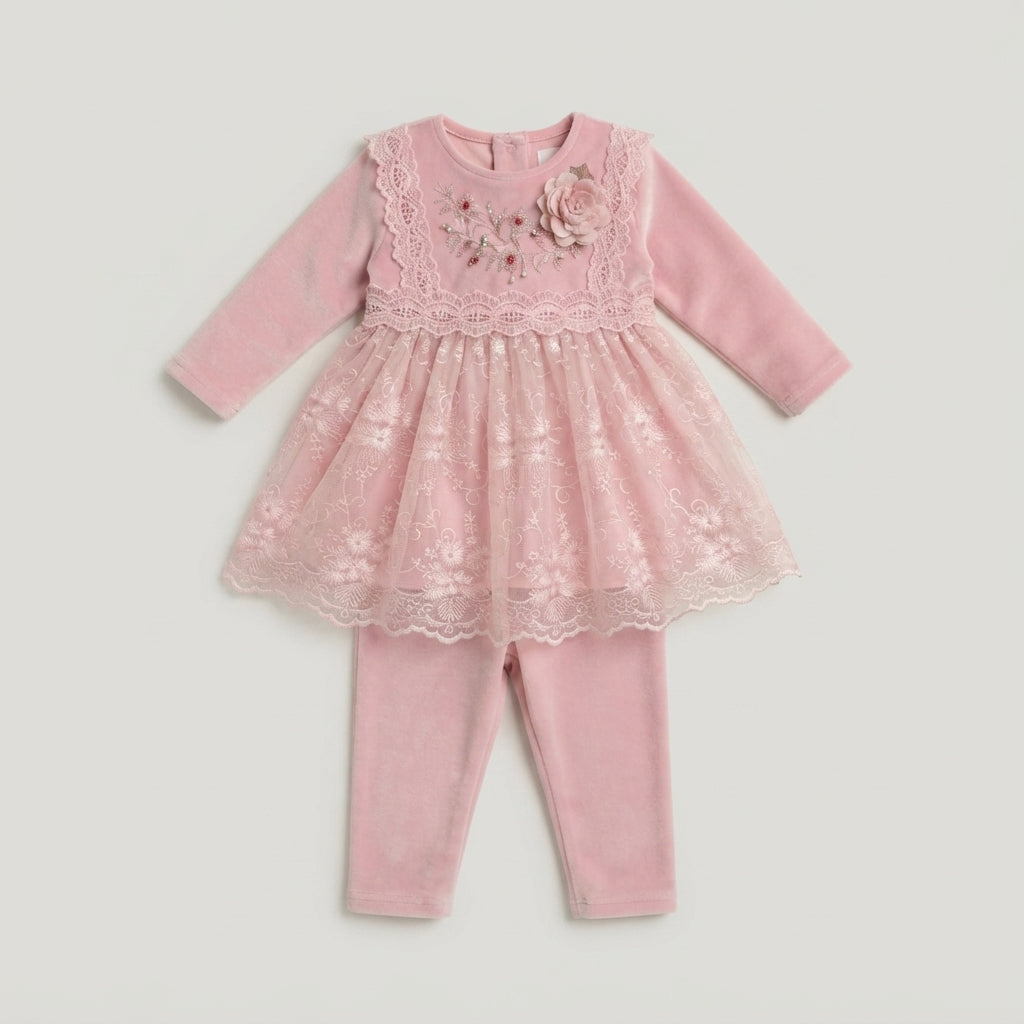 Baby Girls Pink Velvet Lace Floral Embroidered Frock and Trouser Set