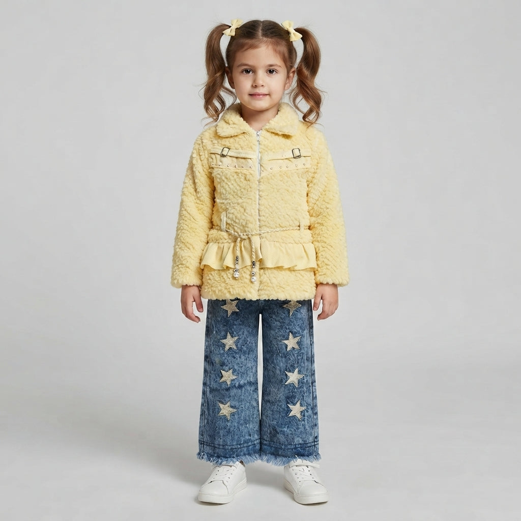 Girls Yellow Faux Fur Winter Jacket and Star-Embroidered Acid-Wash Denim Jeans Set