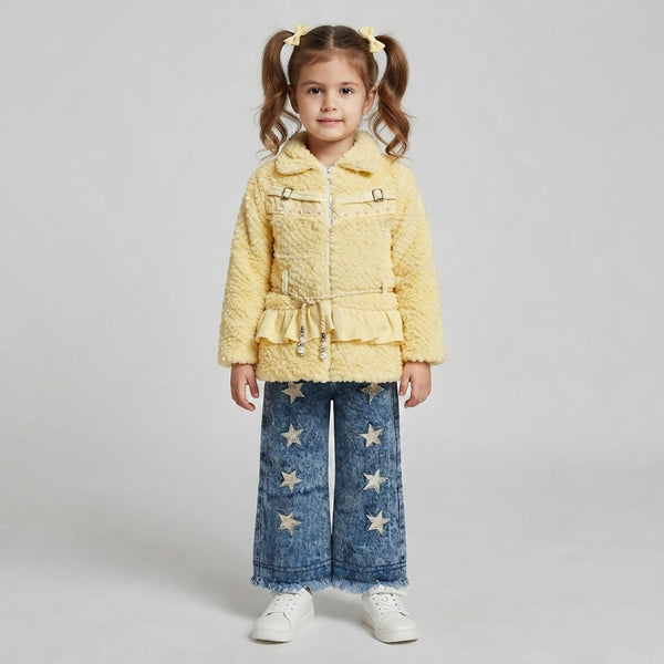 Girls Yellow Faux Fur Winter Jacket and Star-Embroidered Acid-Wash Denim Jeans Set