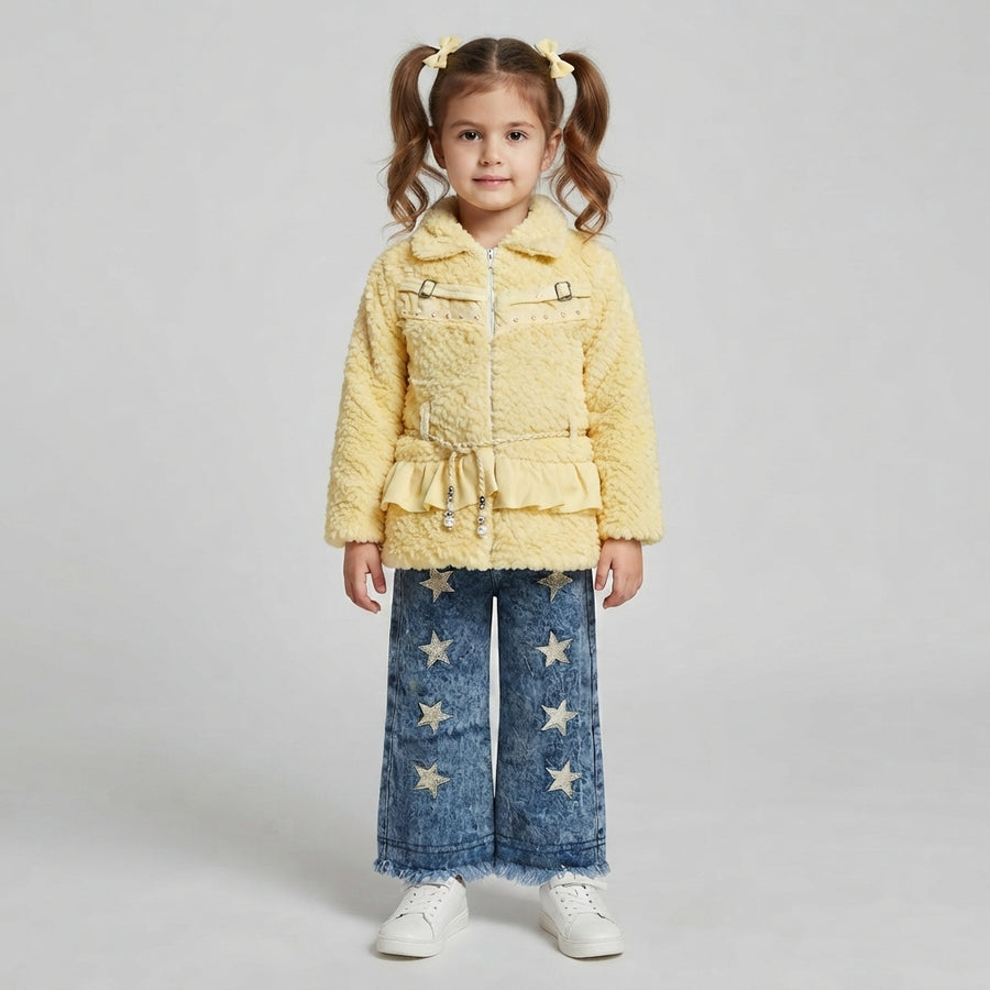 Girls Yellow Faux Fur Winter Jacket and Star-Embroidered Acid-Wash Denim Jeans Set