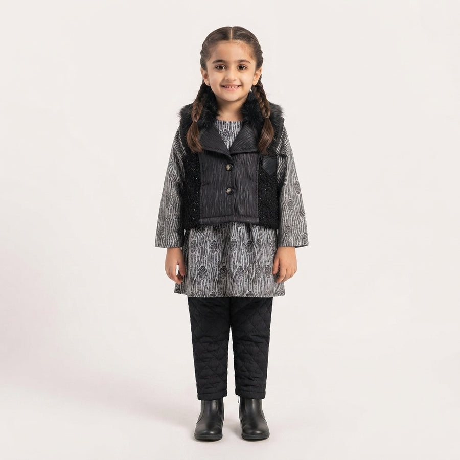 Girls Black Winter Faux Fur Vest & Tunic Set