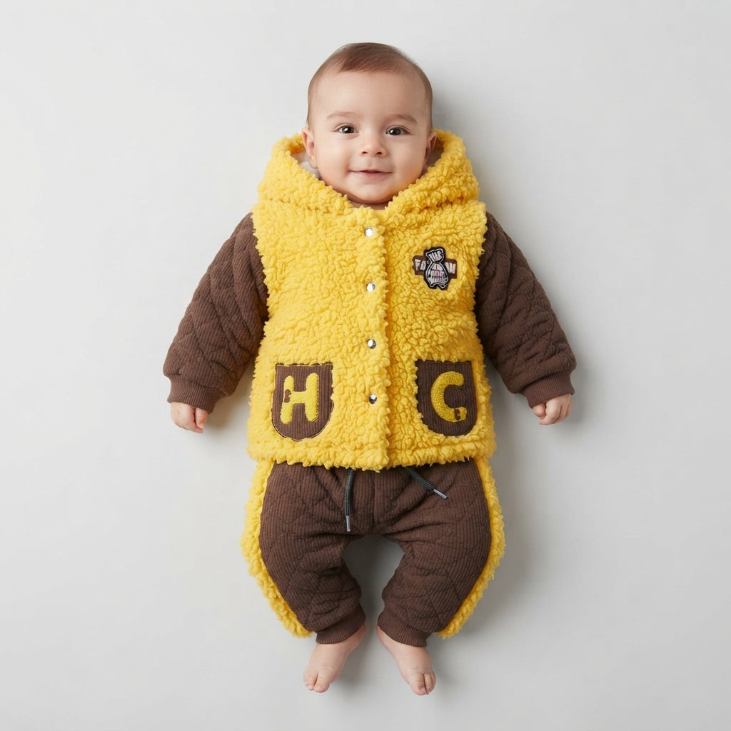 Baby Boy Yellow & Brown Shaggy Wool 2-Piece Hoodie Outfit | Winter Wear