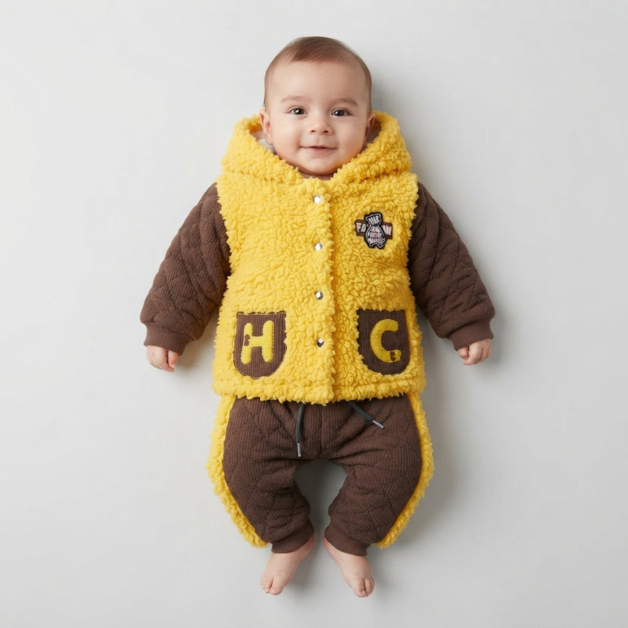 Baby Boy Yellow & Brown Shaggy Wool 2-Piece Hoodie Outfit | Winter Wear