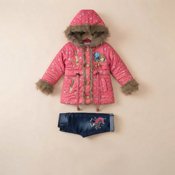 Girls Winter Pink Fur Hooded Jacket & Denim Jeans Outfit