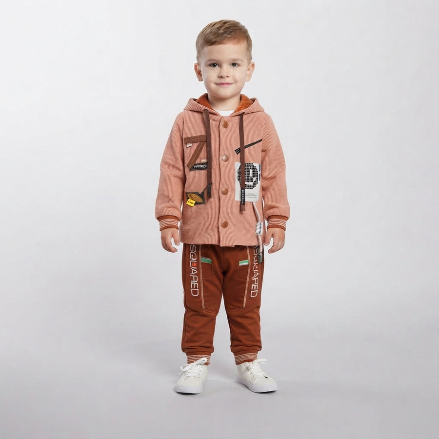 Boys Dusty Peach Hooded Jacket and Brown Pants Outfit Set