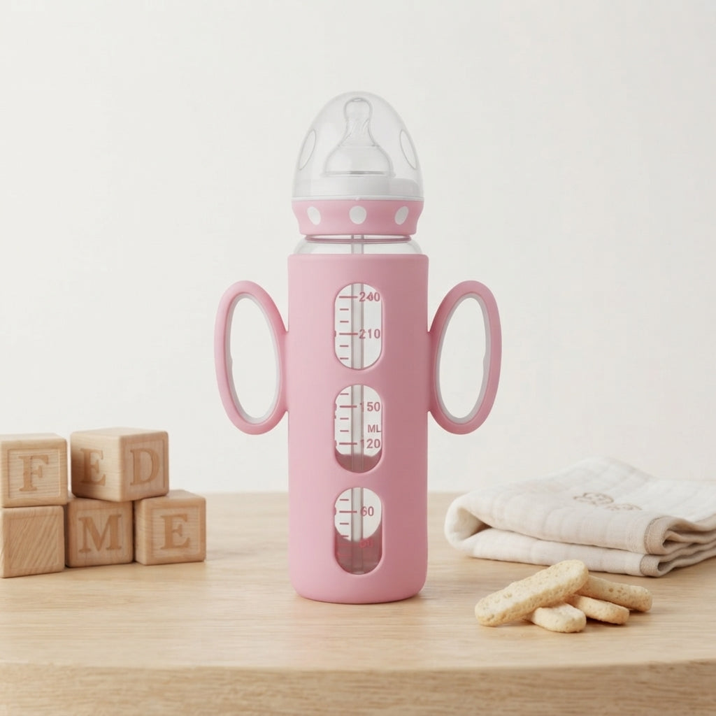 Pink Silicone Glass Baby Feeding Bottle 240ml