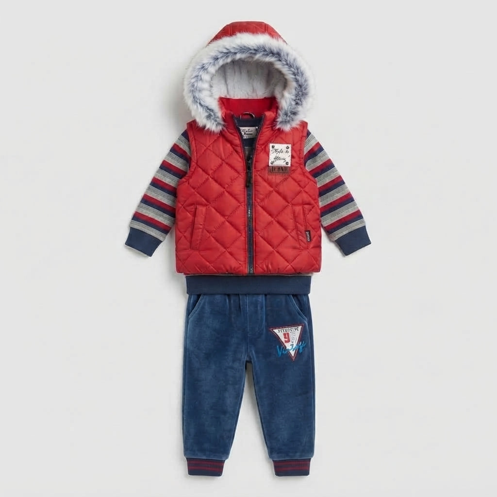 Toddler Boys 3-Piece Quilted Vest, Striped Shirt, and Velour Jogger Set