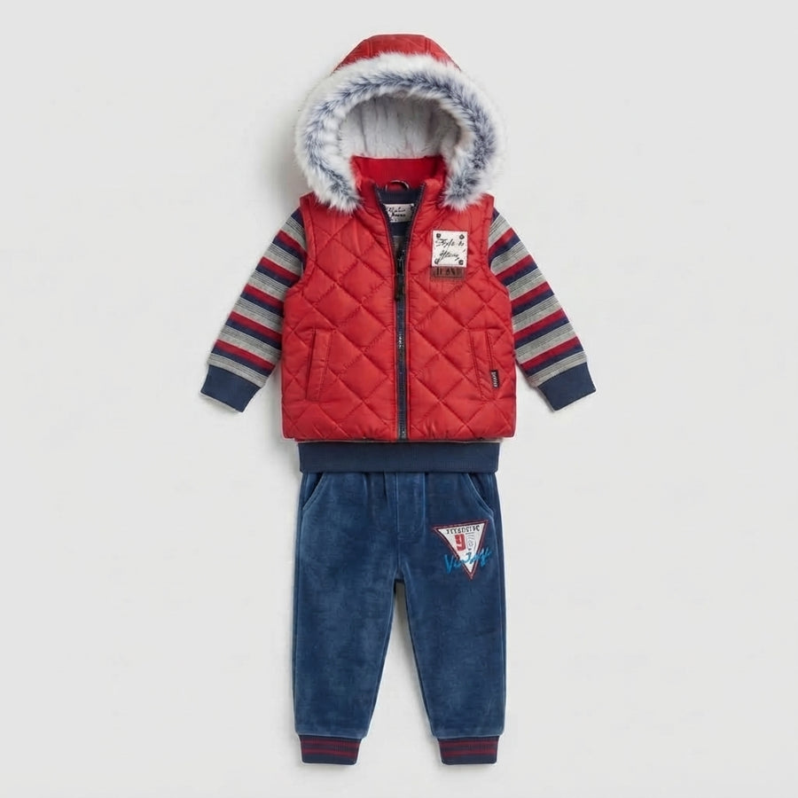 Toddler Boys 3-Piece Quilted Vest, Striped Shirt, and Velour Jogger Set