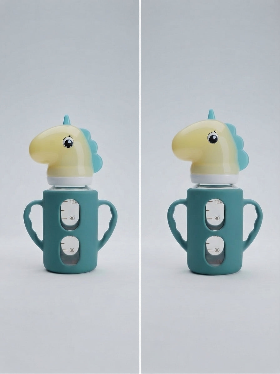 Cute Unicorn Design Green Glass Baby Feeding Bottle with Handles (180ml)