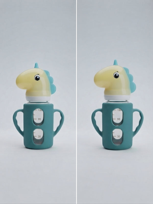 Cute Unicorn Design Green Glass Baby Feeding Bottle with Handles (180ml)