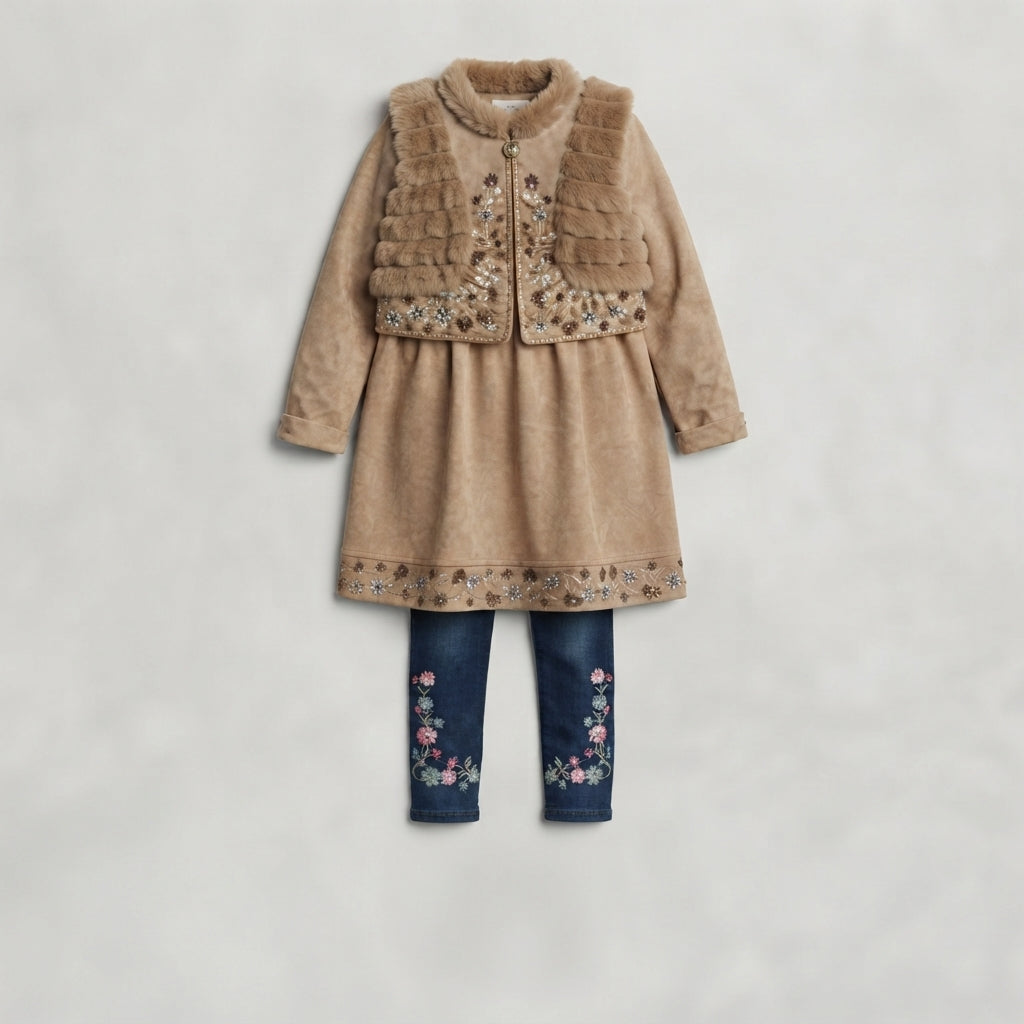 Girls Faux Fur Embellished Frock with Denim Trousers — Photo 2