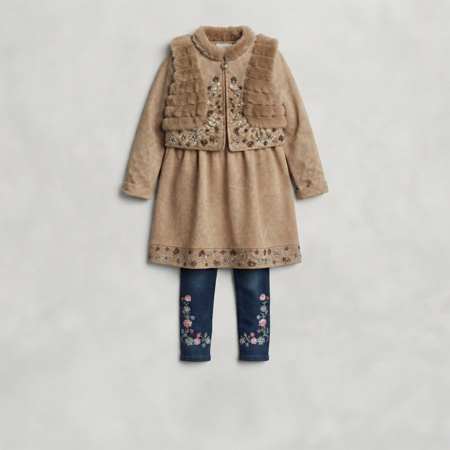 Girls Faux Fur Embellished Frock with Denim Trousers — Photo 2