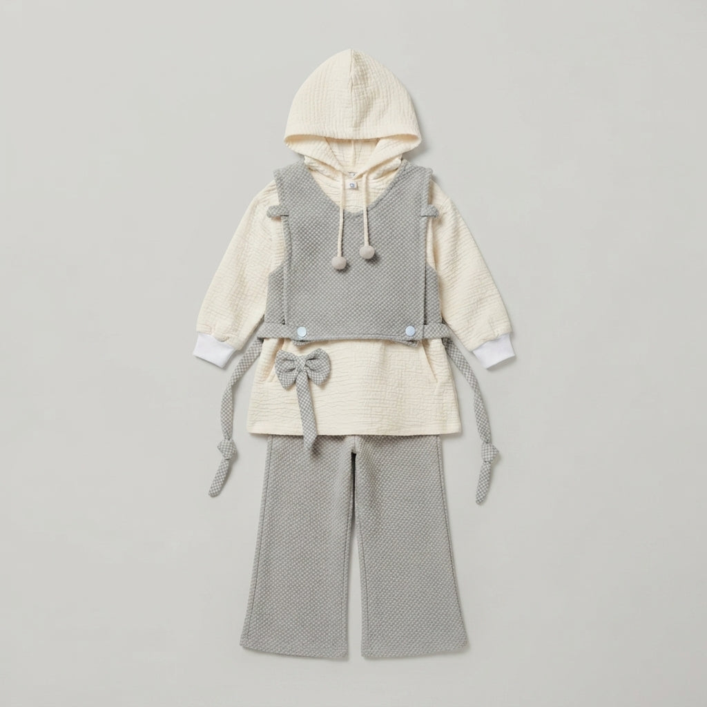 Girls Grey & Cream Layered Bow Outfit — Photo 2