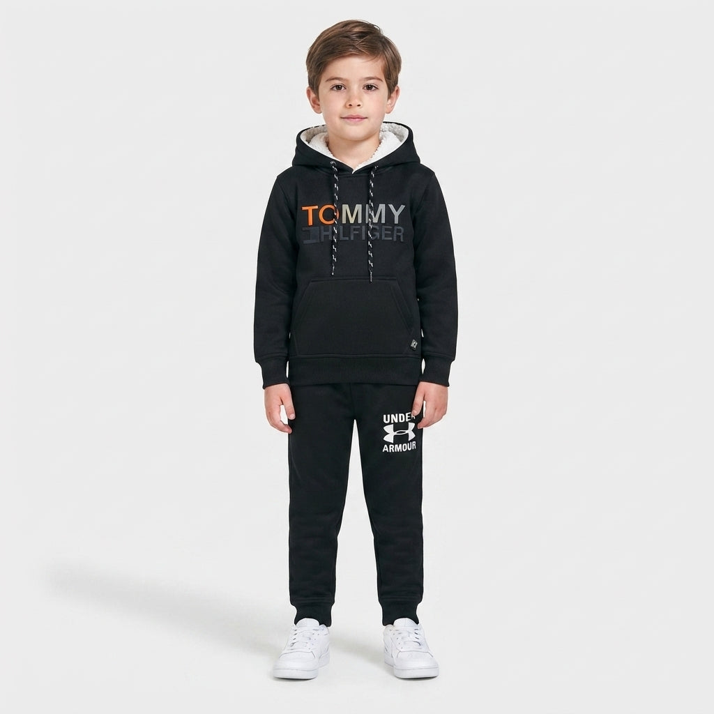 Boys Black Designer Tracksuit with Sherpa Hood