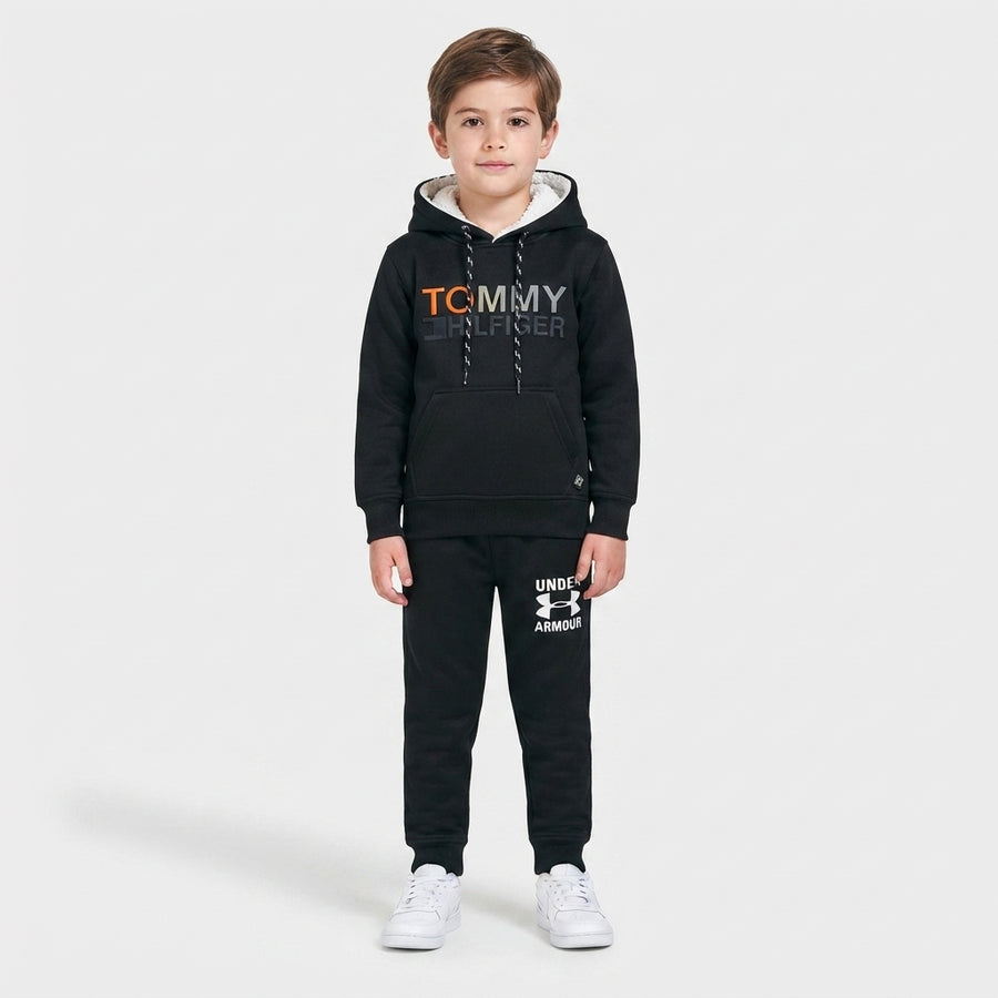 Boys Black Designer Tracksuit with Sherpa Hood