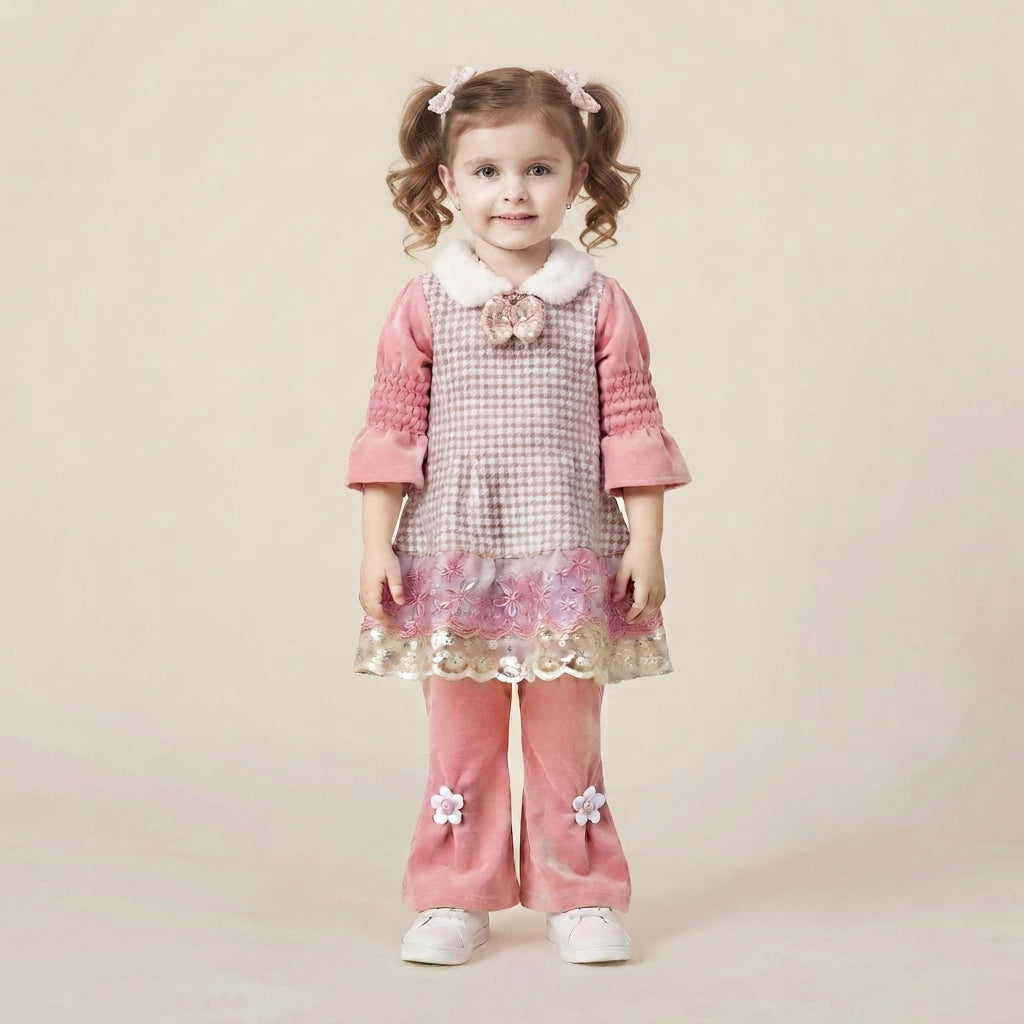 Pink Toddler Girls Winter Outfit Set – Hound's-tooth Tunic & Floral Flared Pants