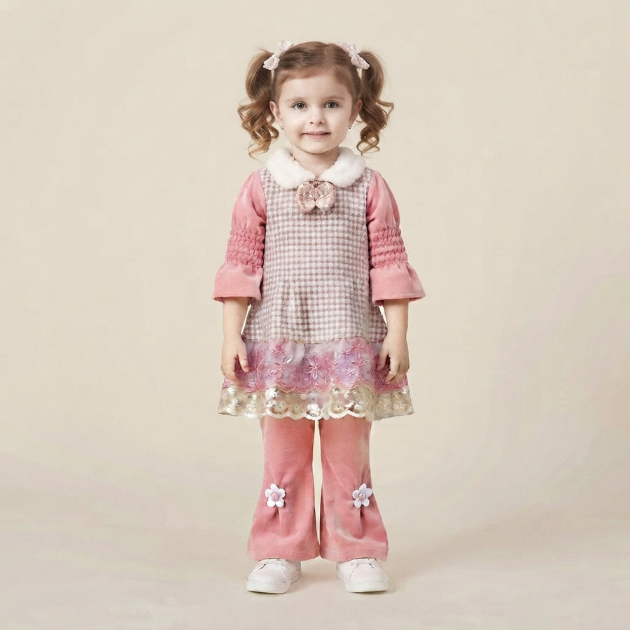 Pink Toddler Girls Winter Outfit Set – Hound's-tooth Tunic & Floral Flared Pants