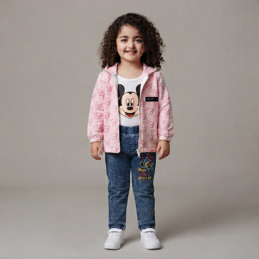 Pink 3 Piece Suit for Girls | Mickey Inner Denim Jeans | Kids Winter Outfit