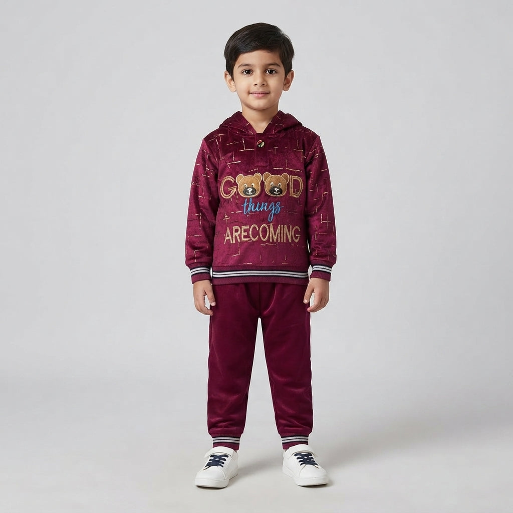 Kids Velvet 2 Piece Hoodie Style Suit – Soft & Elegant Winter Wear