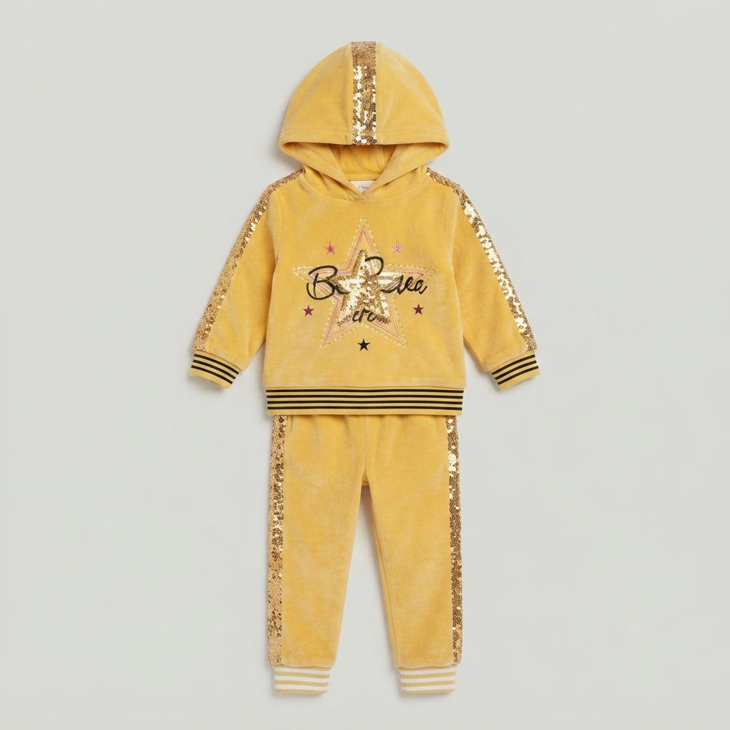 Girls Yellow Sequin Star Velvet Set — Photo 2
