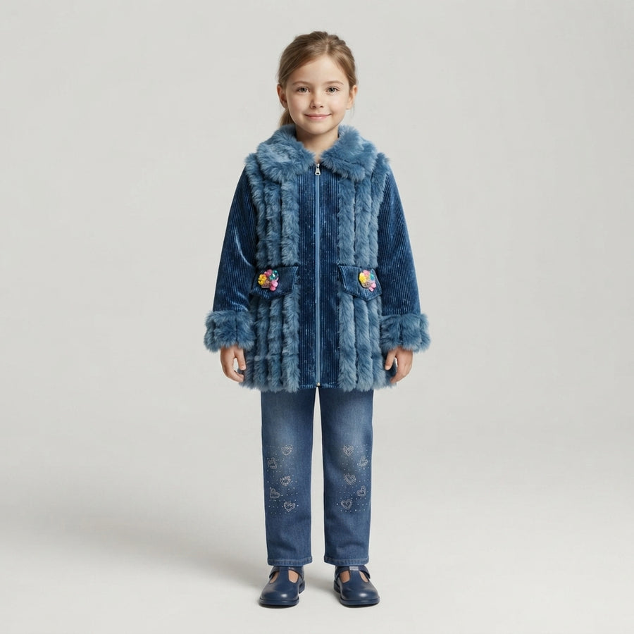 Girls Blue Faux Fur Coat & Rhinestone Heart Denim Set
