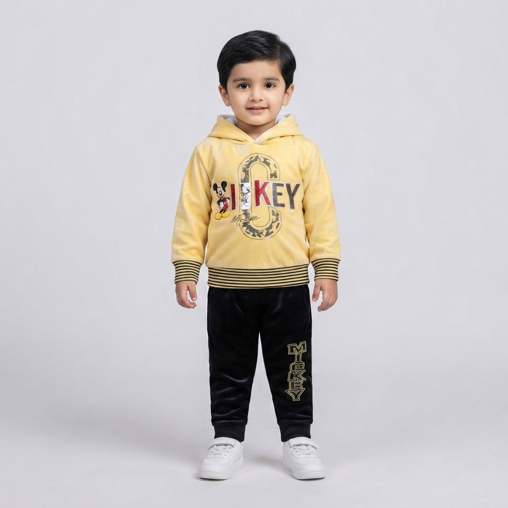 Boys Yellow Mickey Mouse Velvet Hoodie and Black Pants Set