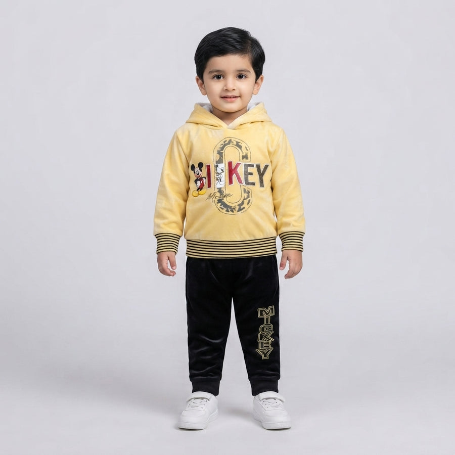 Boys Yellow Mickey Mouse Velvet Hoodie and Black Pants Set