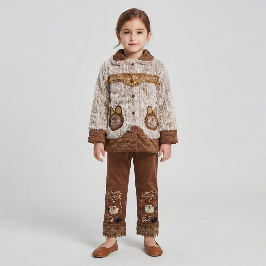 Girls Brown Faux-Fur & Quilted 2-Piece Winter Suit | Cute Toddler & Kids Outfit