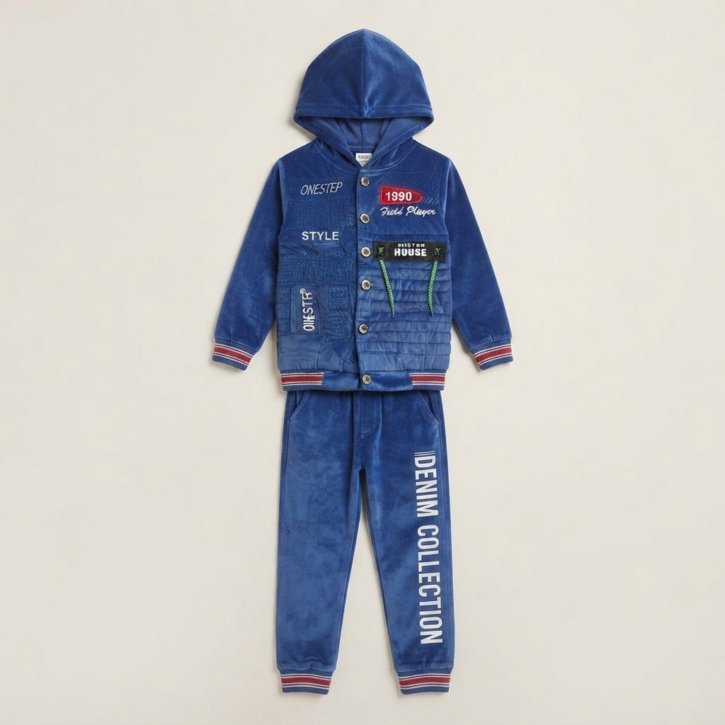 Boys Blue Velvet Hooded Jacket Set — Photo 2