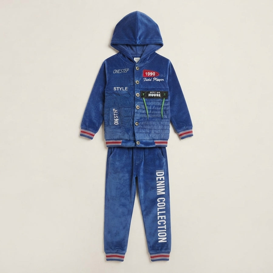 Boys Blue Velvet Hooded Jacket Set — Photo 2