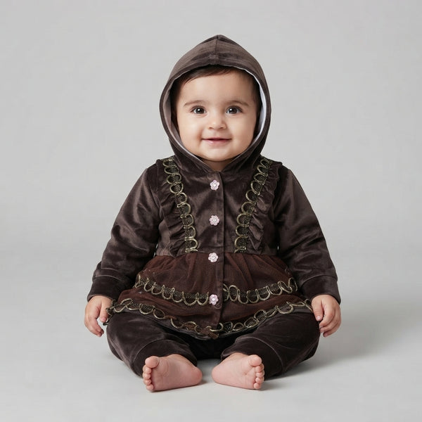 Baby Girl Velvet Hooded Frock and Trouser Winter Suit Set