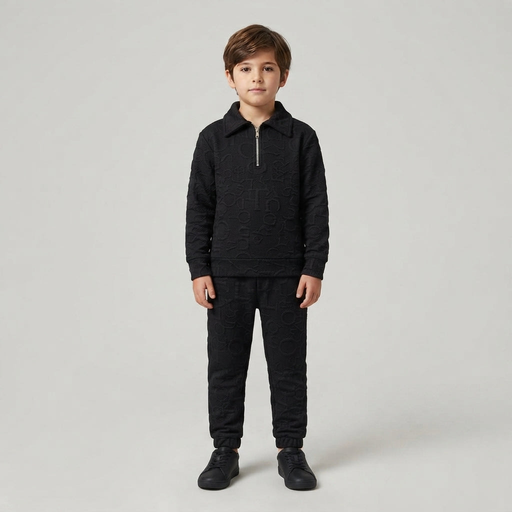 Boys Black Textured Quarter-Zip Tracksuit