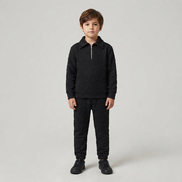Boys Black Textured Quarter-Zip Tracksuit
